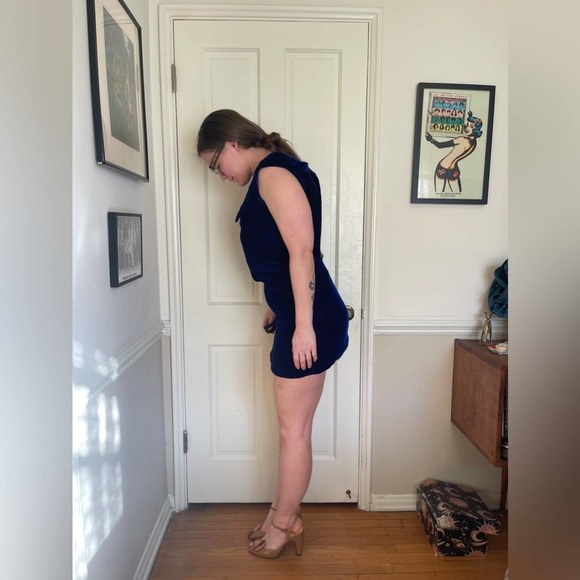 60s Vintage Blue Velvet Mini Dress - Picture 2 of 9